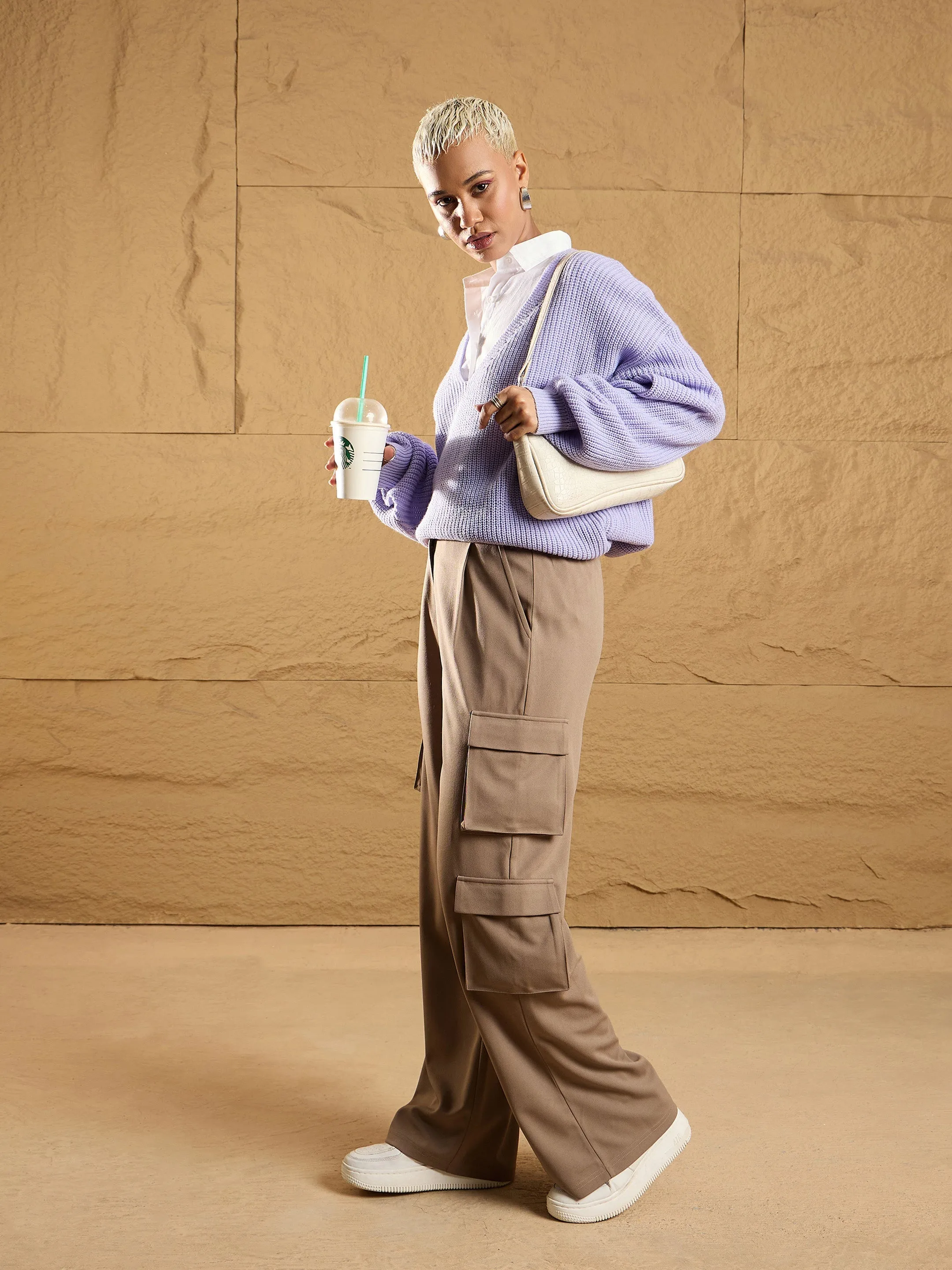 Women Beige Comfort Fit Korean Cargo Pants