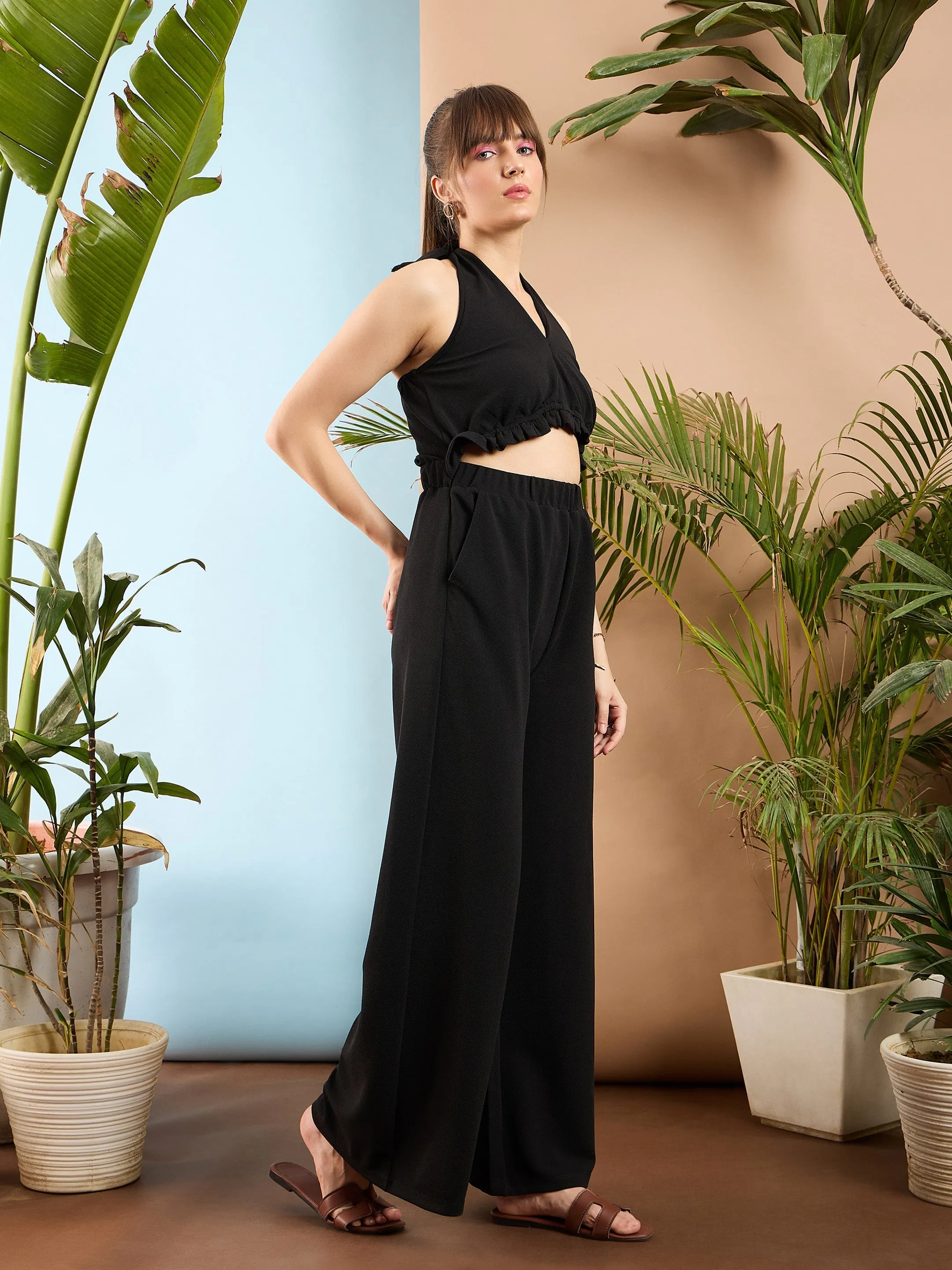 Women Black Knitted Halter Neck Jumpsuit