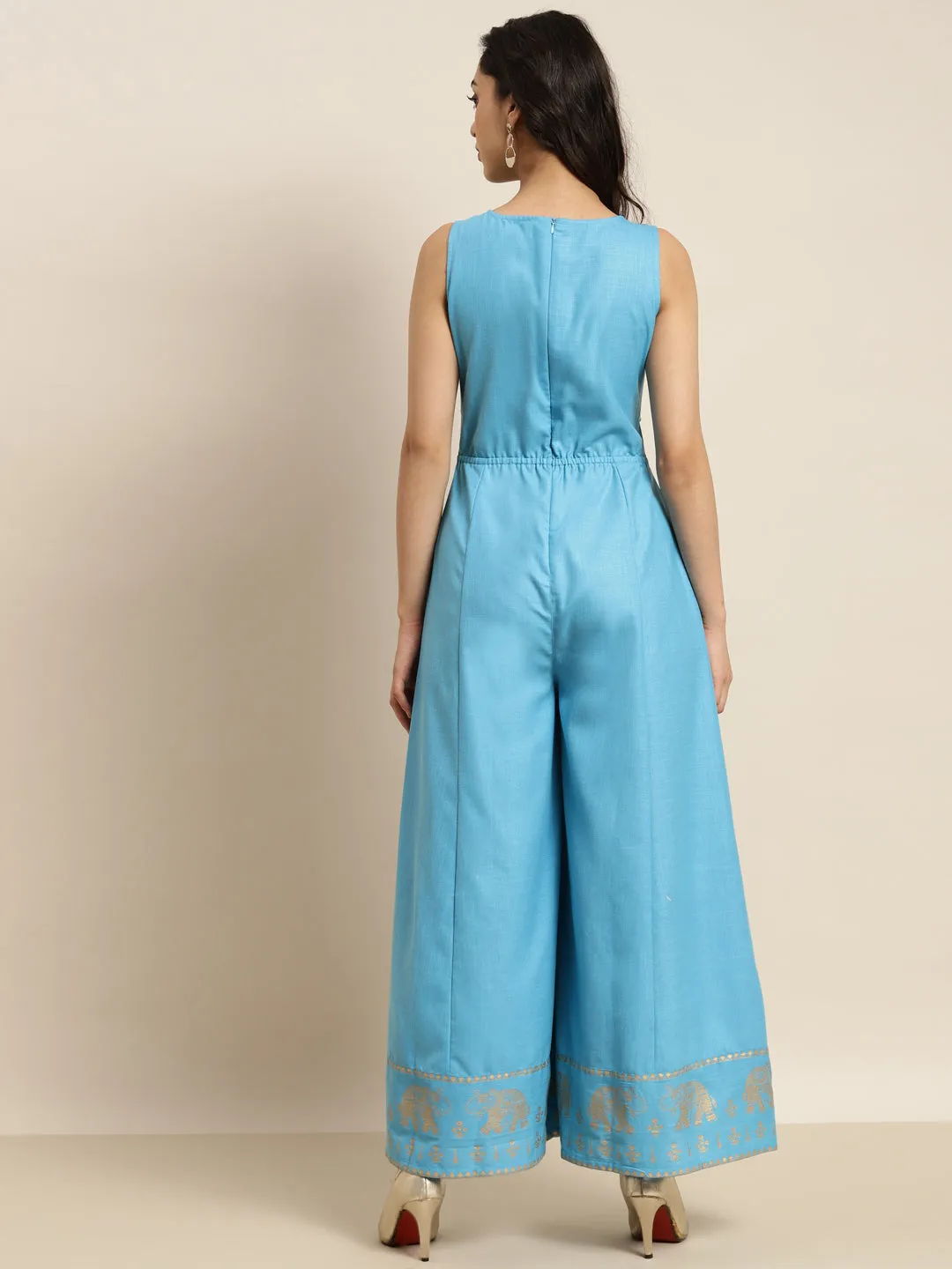 Women Blue Elephant Border Foil Print Jumpsuit