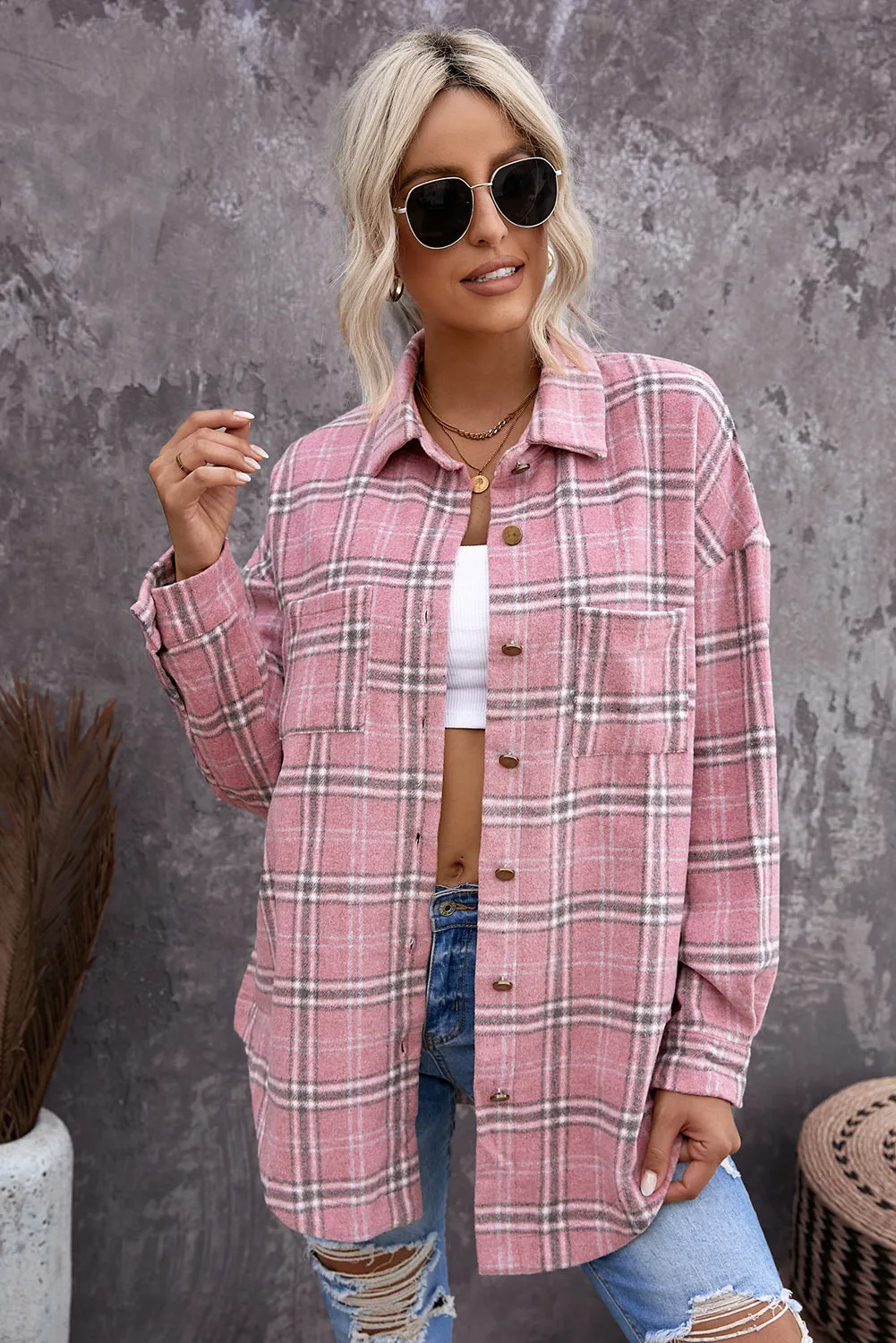 Womens Casual Plaid Shacket Button Down Shirts Coats