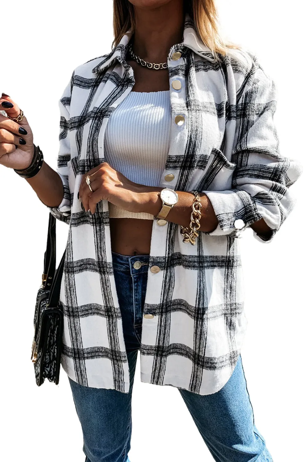 Womens Casual Plaid Shacket Button Down Shirts Coats