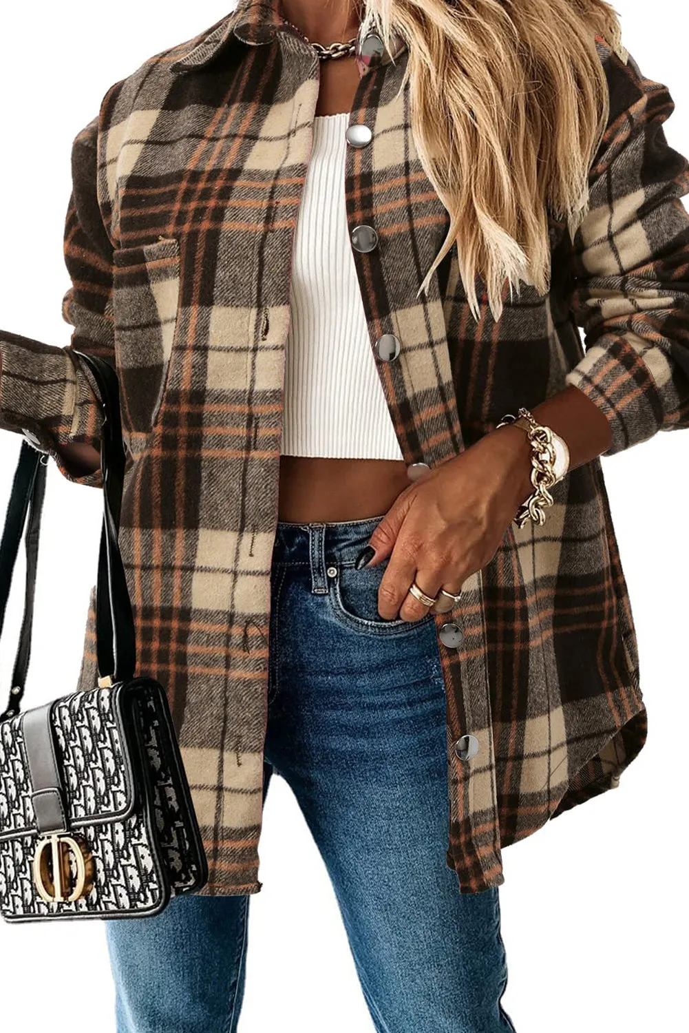 Womens Casual Plaid Shacket Button Down Shirts Coats