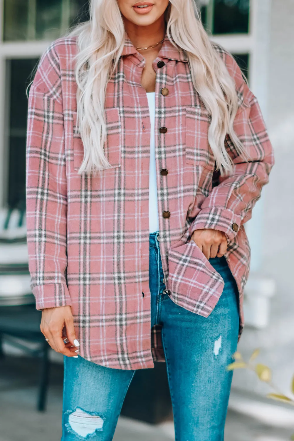 Womens Casual Plaid Shacket Button Down Shirts Coats