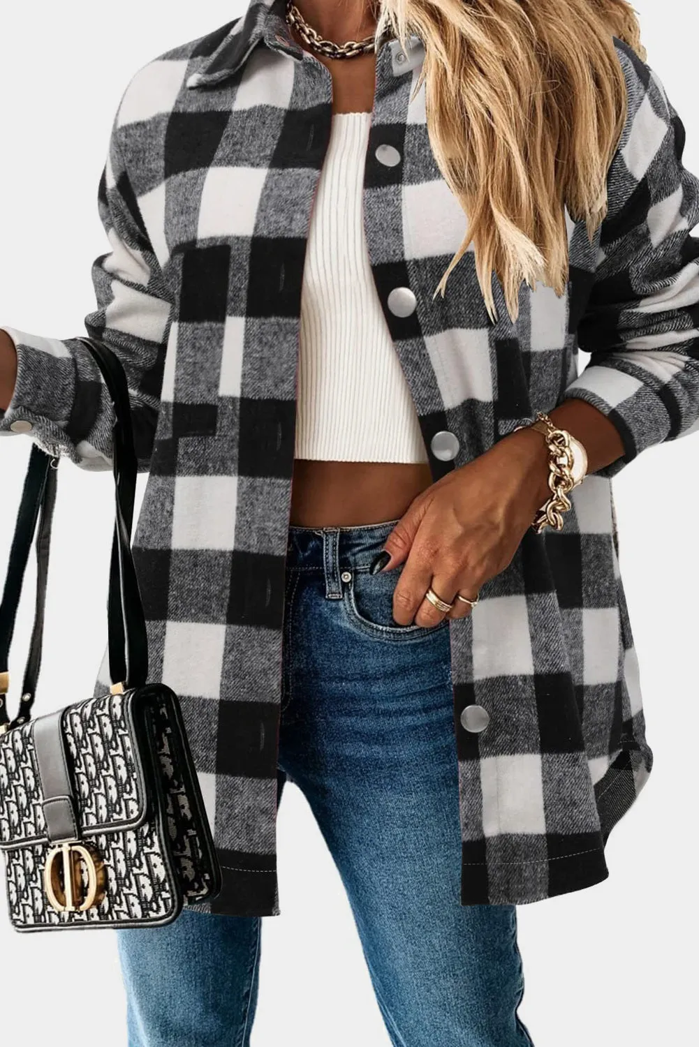 Womens Casual Plaid Shacket Button Down Shirts Coats