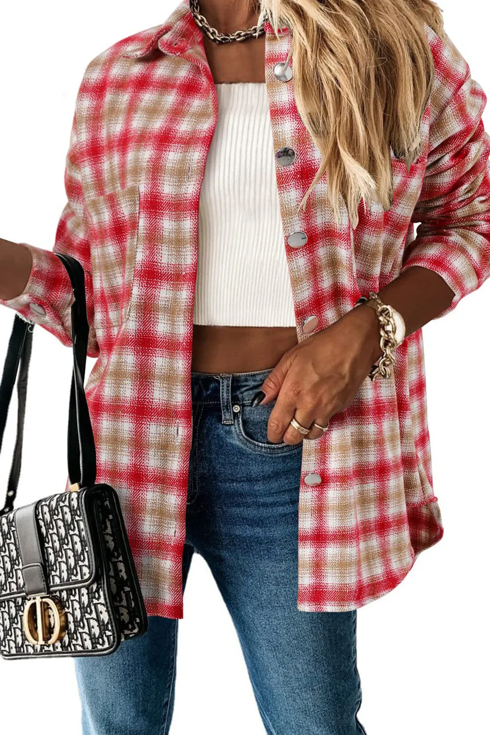 Womens Casual Plaid Shacket Button Down Shirts Coats