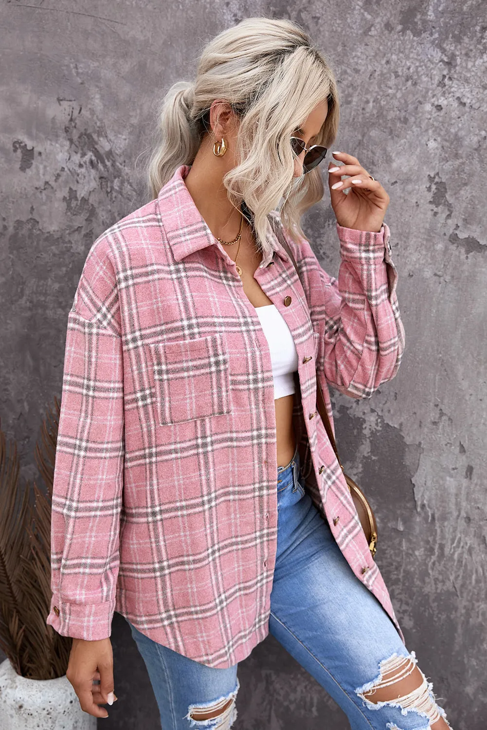 Womens Casual Plaid Shacket Button Down Shirts Coats