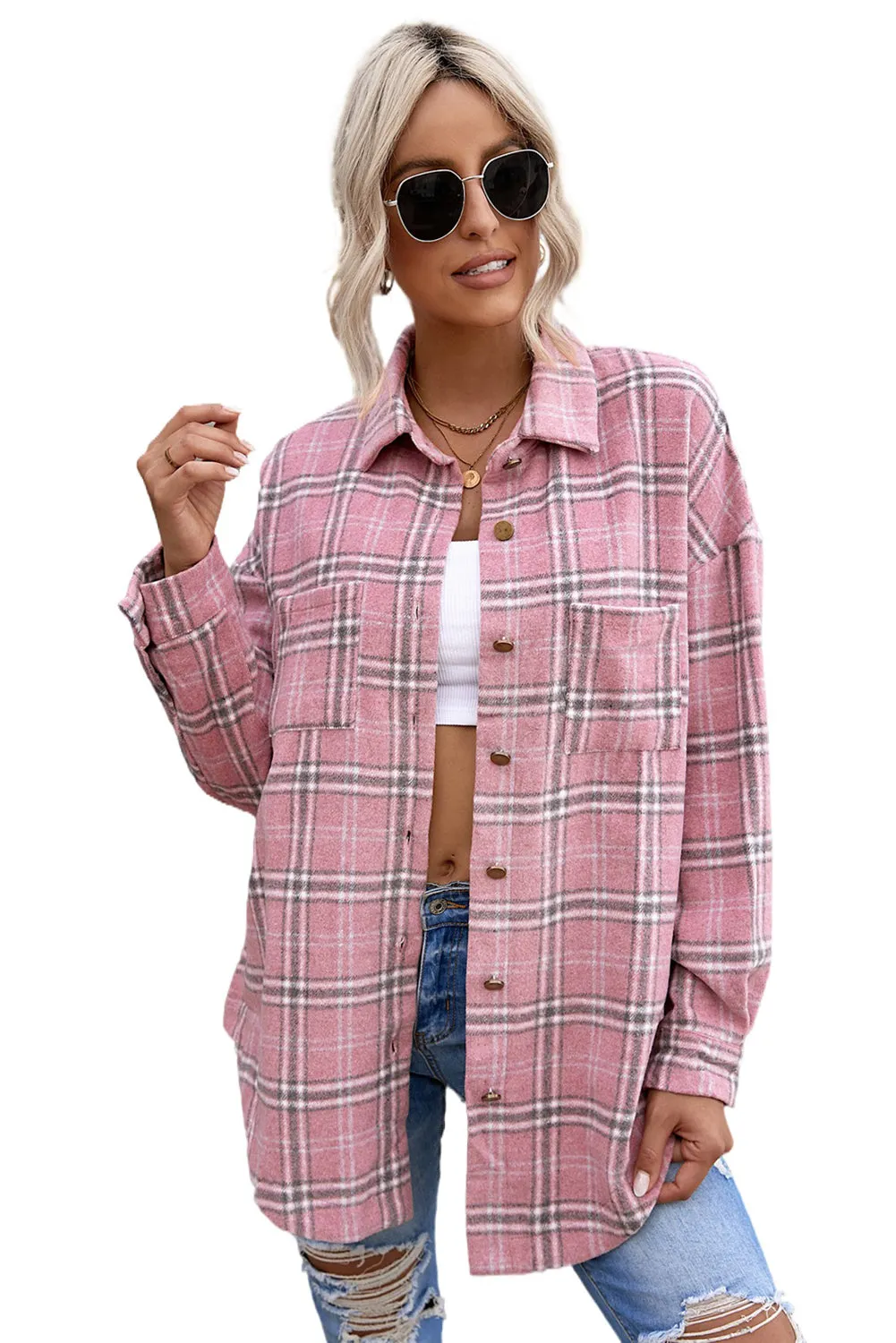 Womens Casual Plaid Shacket Button Down Shirts Coats