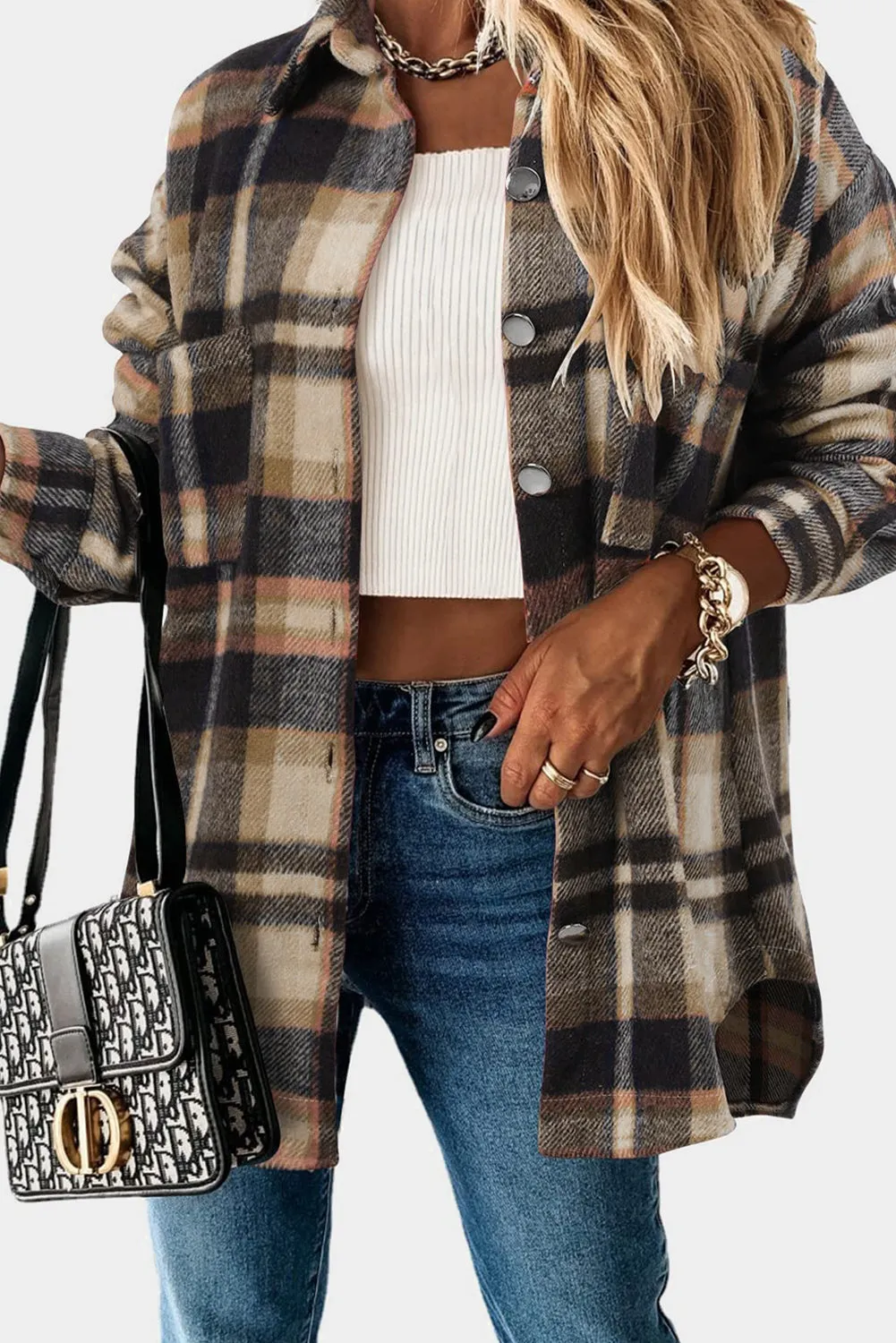 Womens Casual Plaid Shacket Button Down Shirts Coats