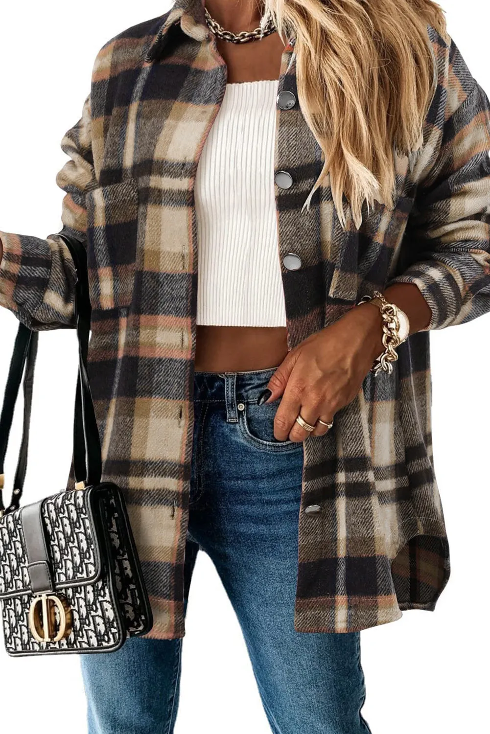 Womens Casual Plaid Shacket Button Down Shirts Coats