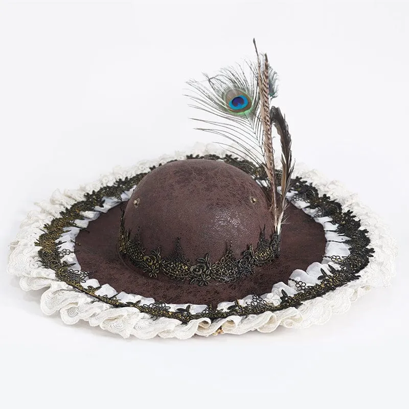 Women's Steampunk Ruffled Lace Splice Feather Hat