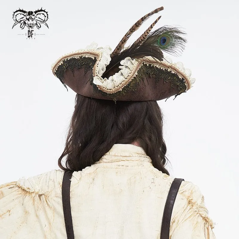 Women's Steampunk Ruffled Lace Splice Feather Hat