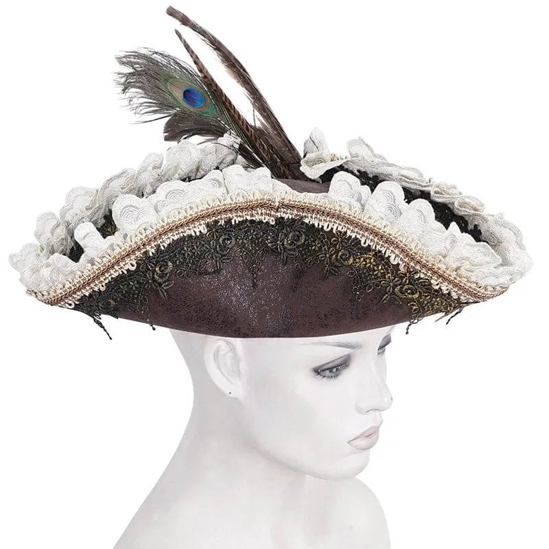 Women's Steampunk Ruffled Lace Splice Feather Hat