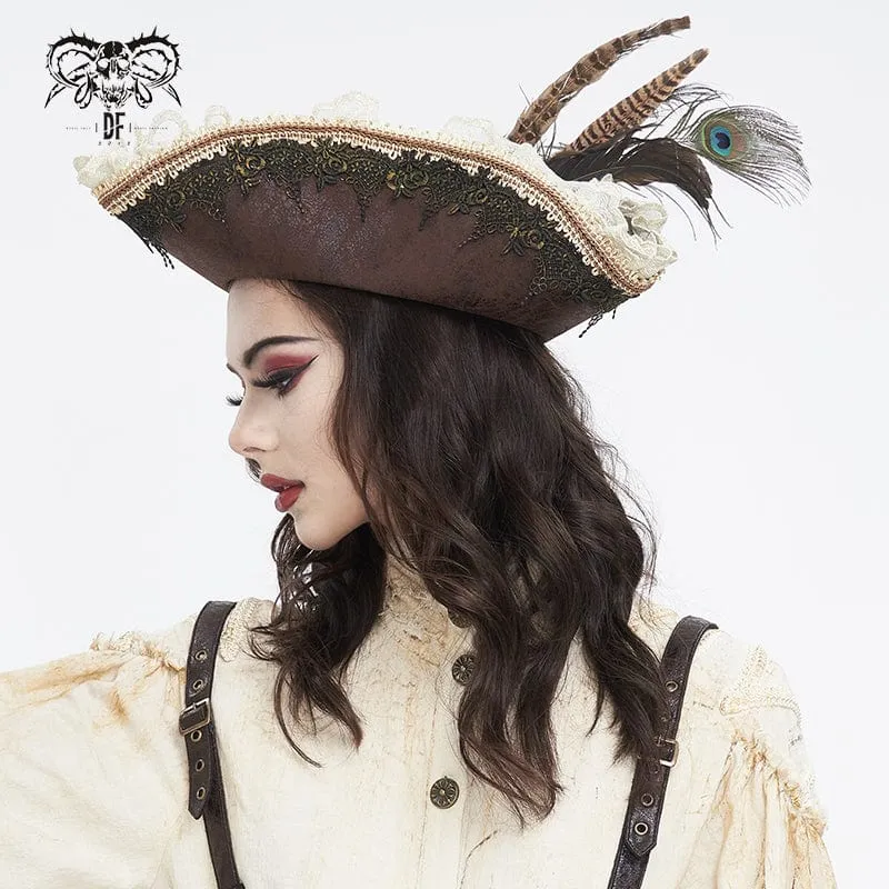 Women's Steampunk Ruffled Lace Splice Feather Hat