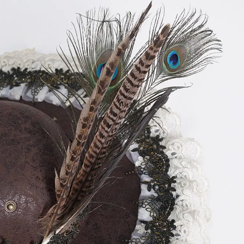 Women's Steampunk Ruffled Lace Splice Feather Hat