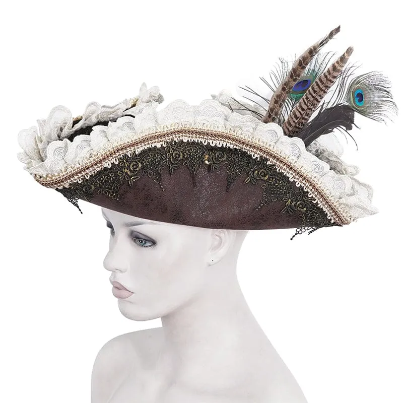 Women's Steampunk Ruffled Lace Splice Feather Hat