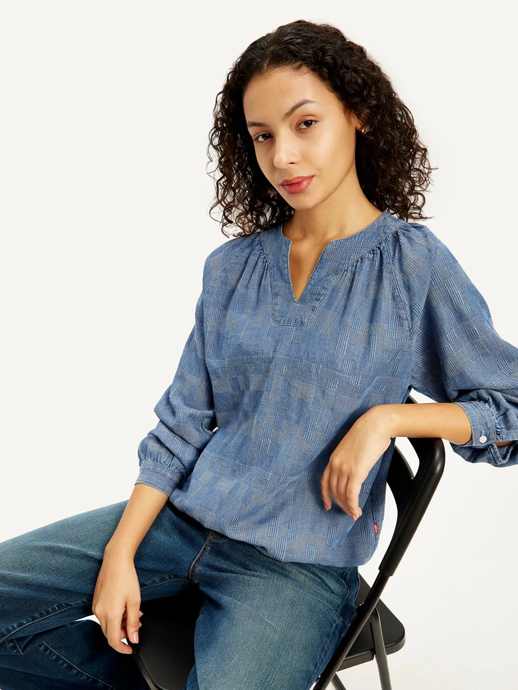 Women's Textured Blue Peasant Top