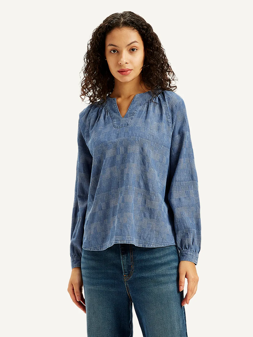 Women's Textured Blue Peasant Top